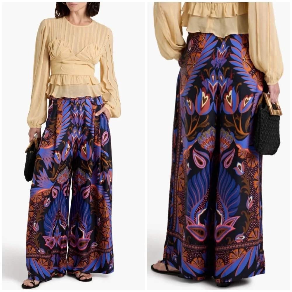 NWOT FARM Rio Women's Medium Black Heart Forest Wide Leg Trousers